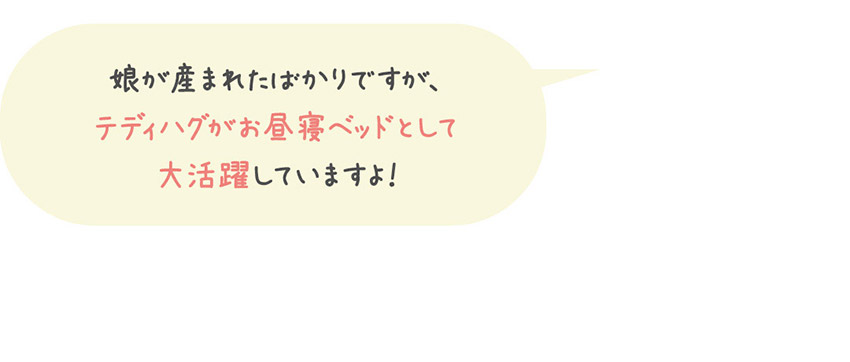 ひとりで頑張りすぎないで便利なグッズの手を借りるのもありですよ！娘が産まれたばかりですが、テディハグがお昼寝ベッドとして大活躍していますよ！